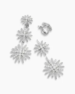 Starburst Triple Drop Earrings 18K White Gold with Diamonds, 51mm