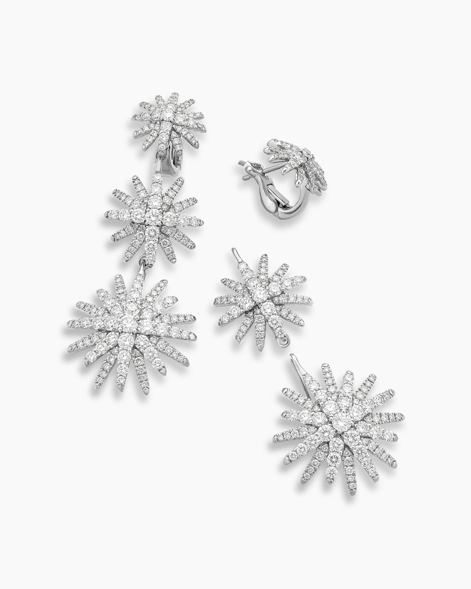 Starburst Triple Drop Earrings 18K White Gold with Diamonds, 51mm