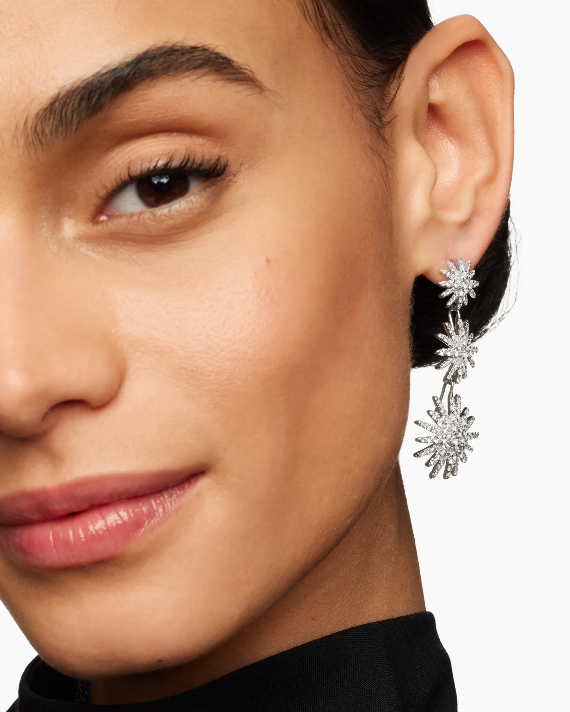 Starburst Triple Drop Earrings 18K White Gold with Diamonds, 51mm