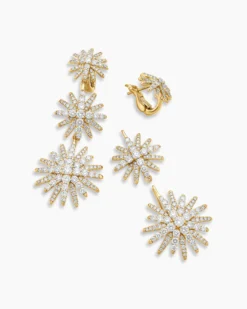 Starburst Triple Drop Earrings 18K Yellow Gold with Diamonds, 51mm