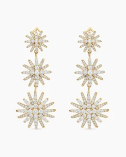 Starburst Triple Drop Earrings 18K Yellow Gold with Diamonds, 51mm