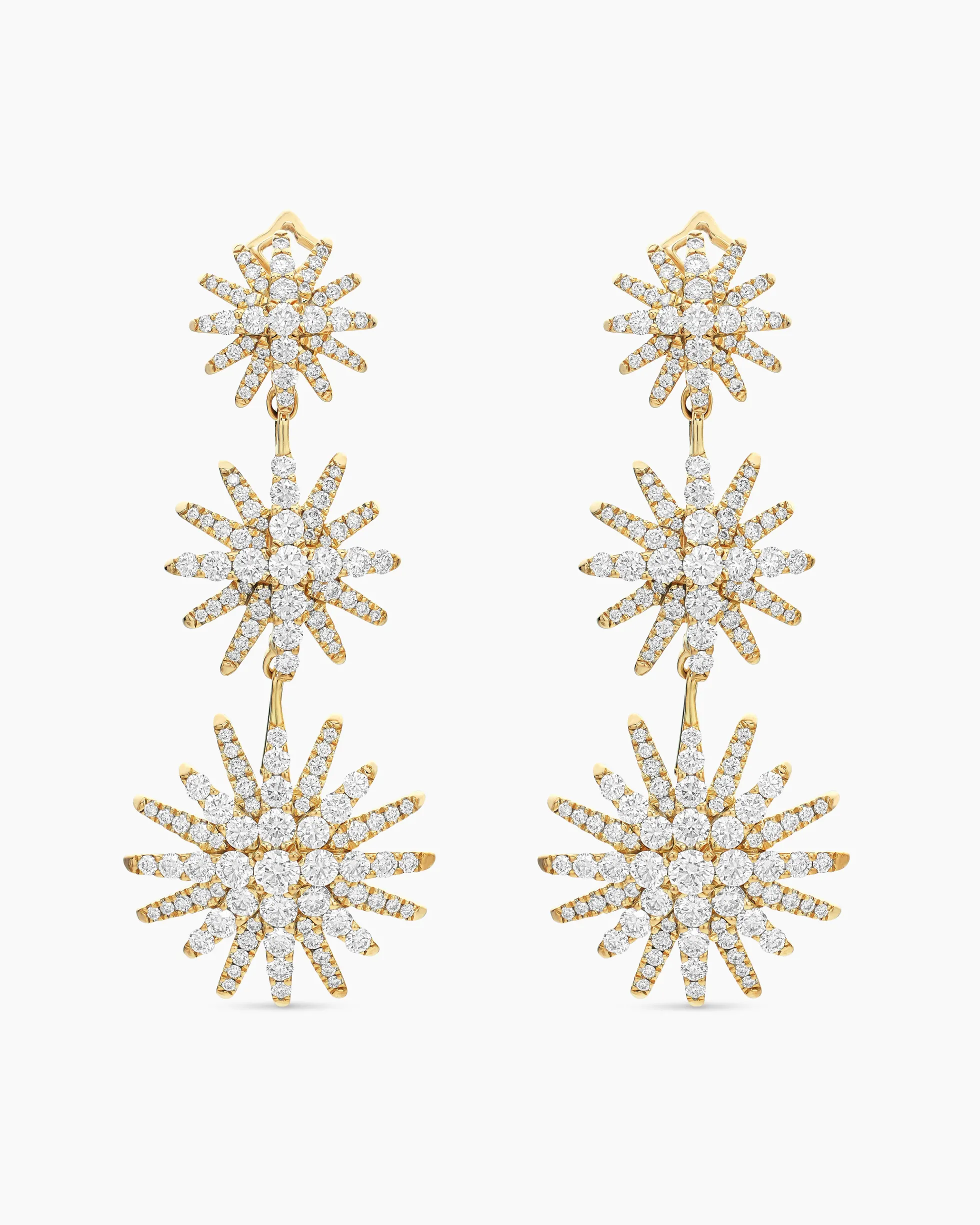 Starburst Triple Drop Earrings 18K Yellow Gold with Diamonds, 51mm