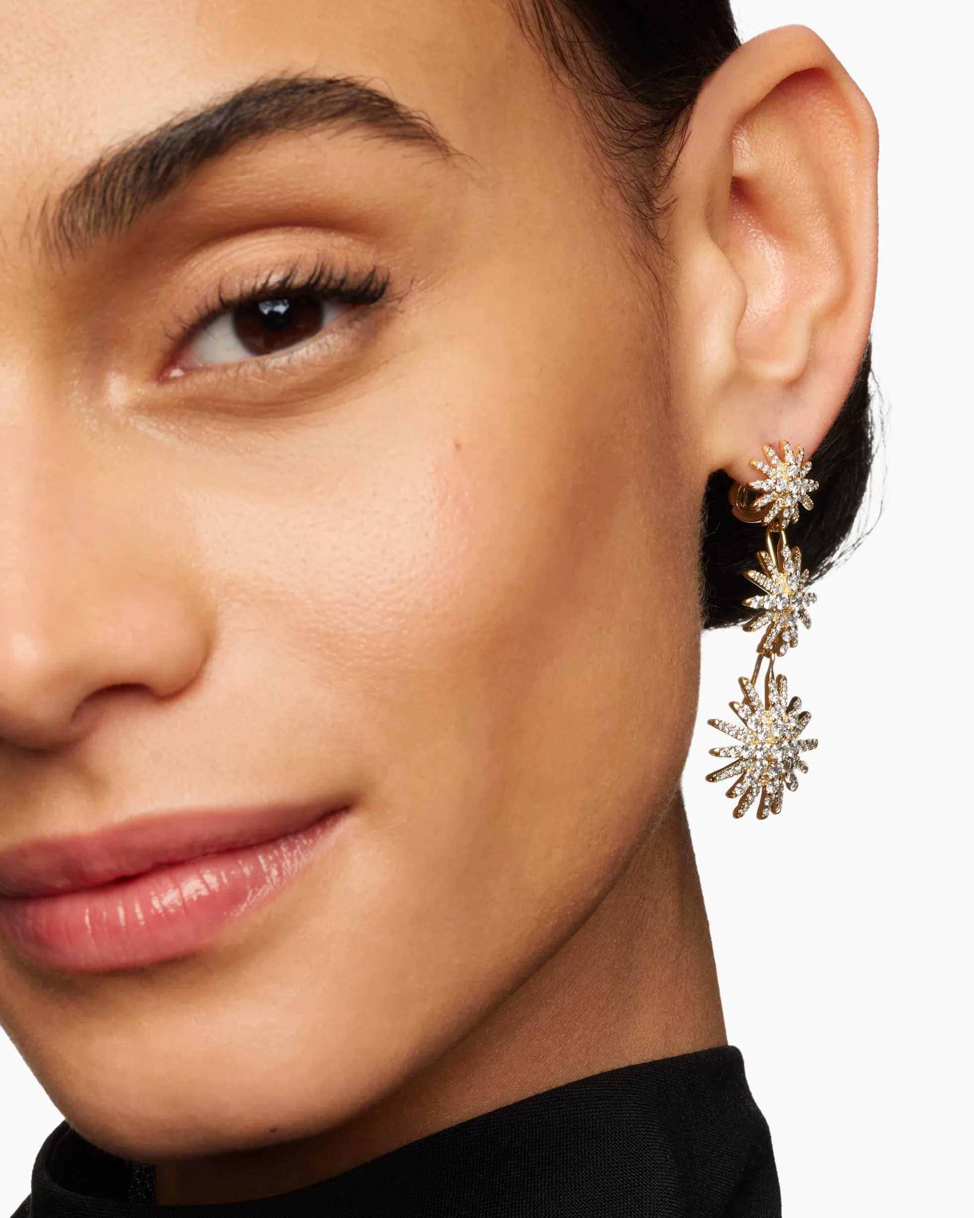 Starburst Triple Drop Earrings 18K Yellow Gold with Diamonds, 51mm