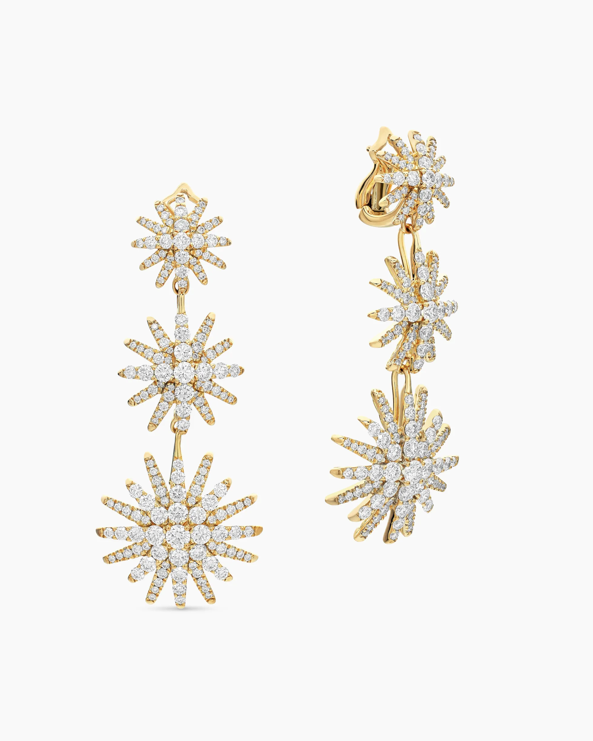 Starburst Triple Drop Earrings 18K Yellow Gold with Diamonds, 51mm
