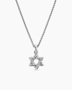 Star of David Pendant Necklace Sterling Silver with Diamonds, 12.3mm
