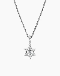Star of David Pendant Necklace Sterling Silver with Diamonds, 12mm