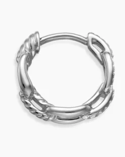 Stax Chain Link Huggie Hoop Earrings 18K White Gold with Diamonds, 12.5mm