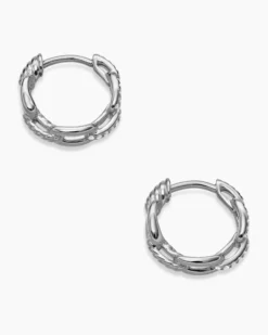 Stax Chain Link Huggie Hoop Earrings 18K White Gold with Diamonds, 12.5mm