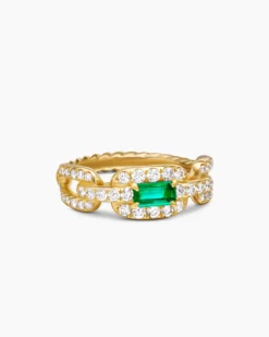 Stax Chain Link Stone Ring 18K Yellow Gold with Diamonds and Emerald, 7mm