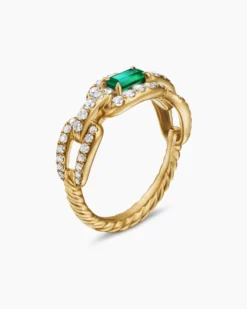 Stax Chain Link Stone Ring 18K Yellow Gold with Diamonds and Emerald, 7mm