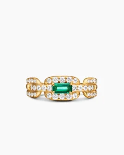 Stax Chain Link Stone Ring 18K Yellow Gold with Diamonds and Emerald, 7mm
