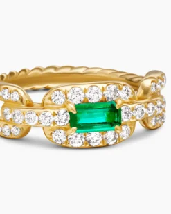 Stax Chain Link Stone Ring 18K Yellow Gold with Diamonds and Emerald, 7mm