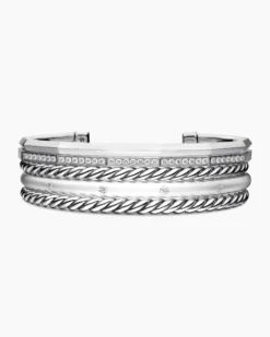 Stax Five Row Cuff Bracelet Sterling Silver with Diamonds, 16mm