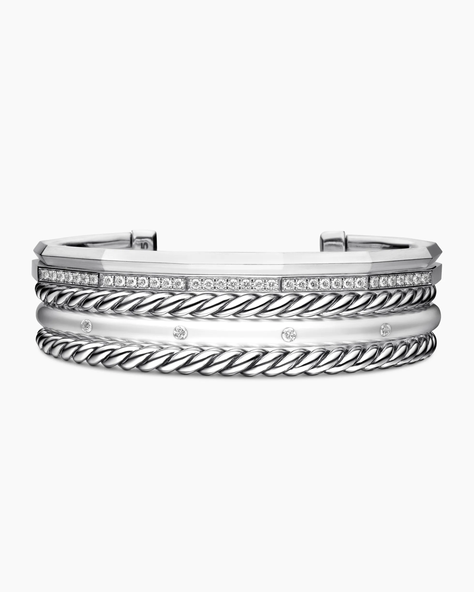 Stax Five Row Cuff Bracelet Sterling Silver with Diamonds, 16mm