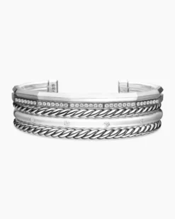 Stax Five Row Cuff Bracelet Sterling Silver with Diamonds, 16mm