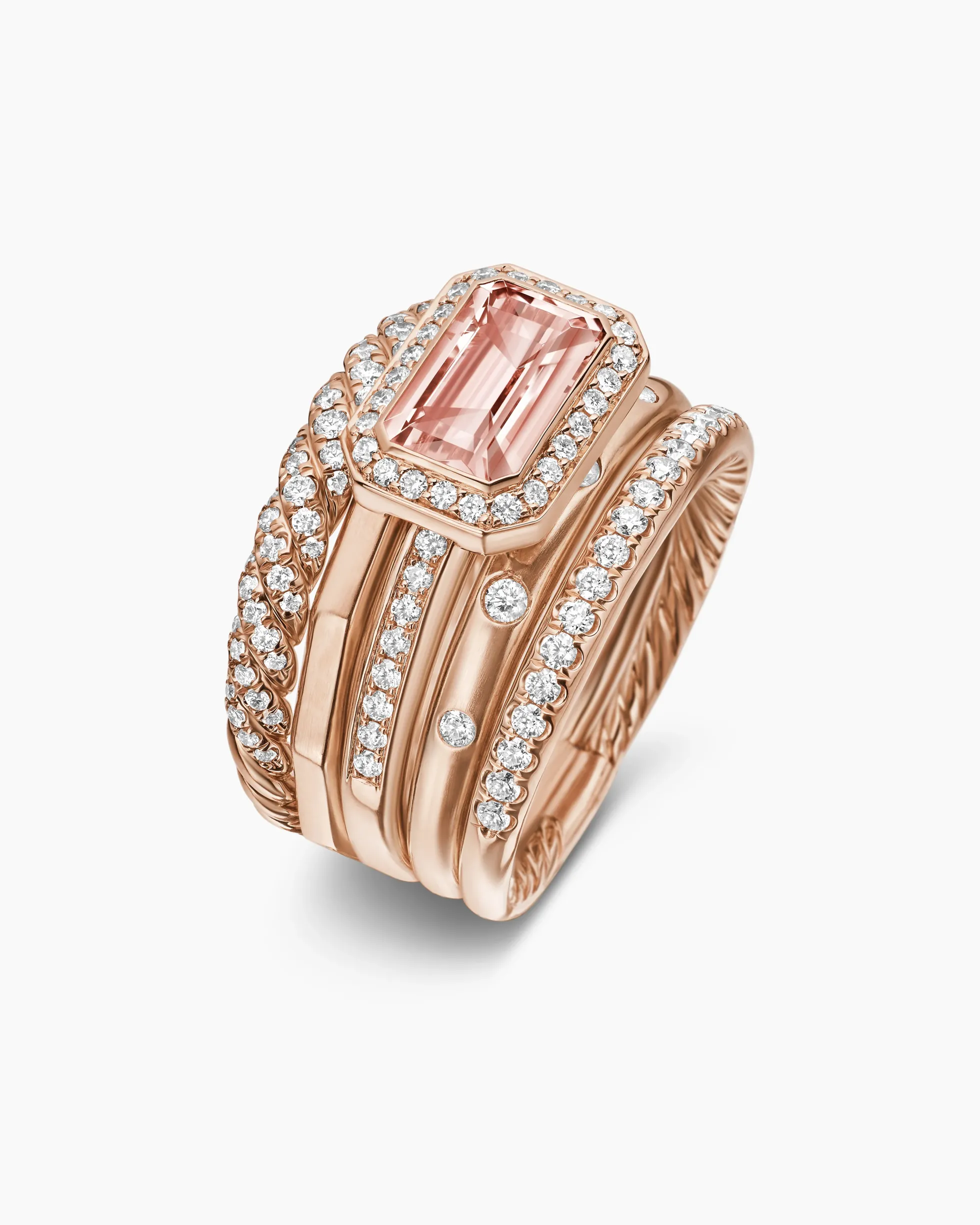 Stax Five Row Ring 18K Rose Gold with Morganite and Diamonds, 14mm