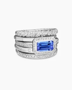 Stax Five Row Ring 18K White Gold with Tanzanite and Diamonds, 14mm