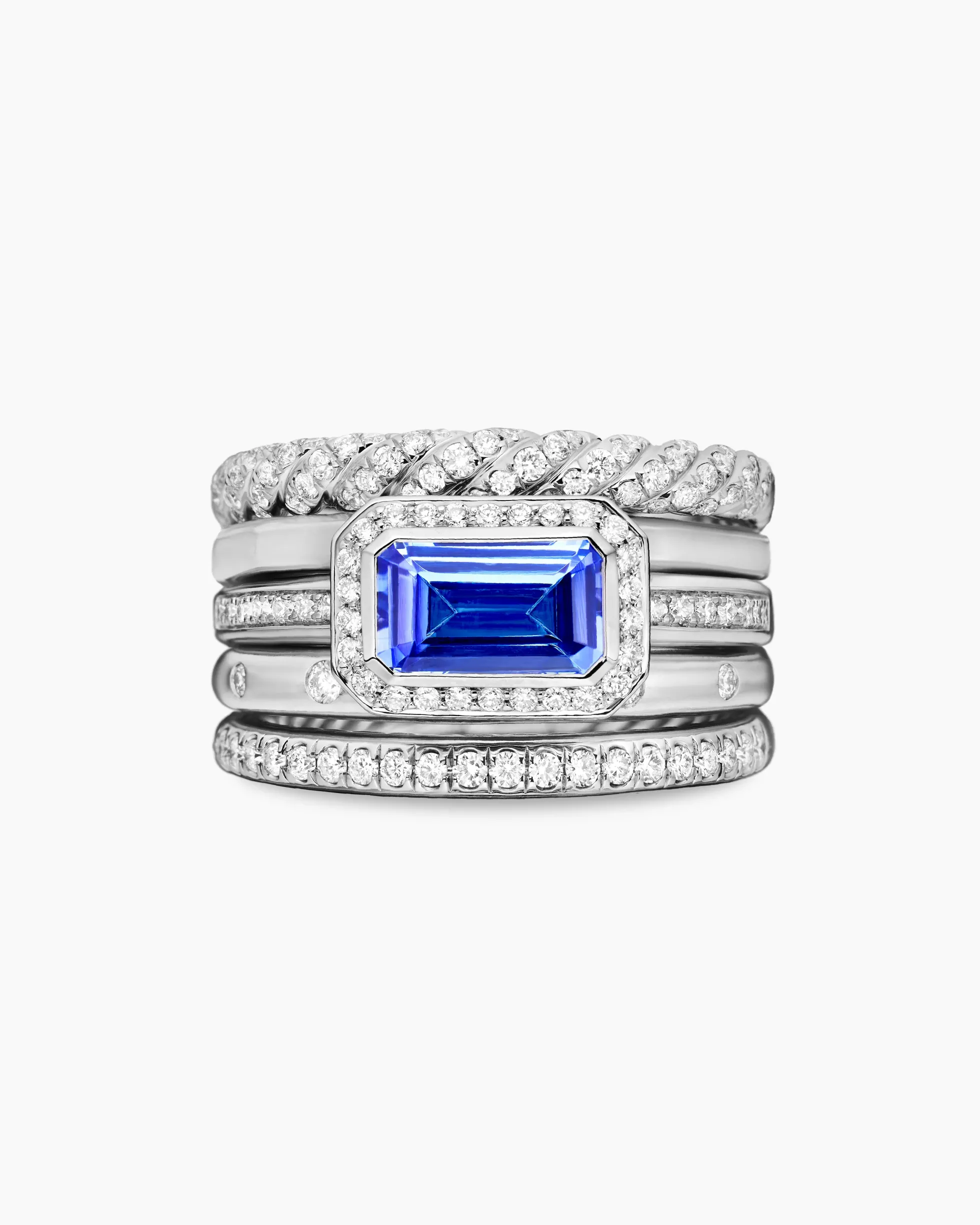 Stax Five Row Ring 18K White Gold with Tanzanite and Diamonds, 14mm