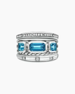 Stax Five Row Ring Sterling Silver with Hampton Blue Topaz and Diamonds, 15mm