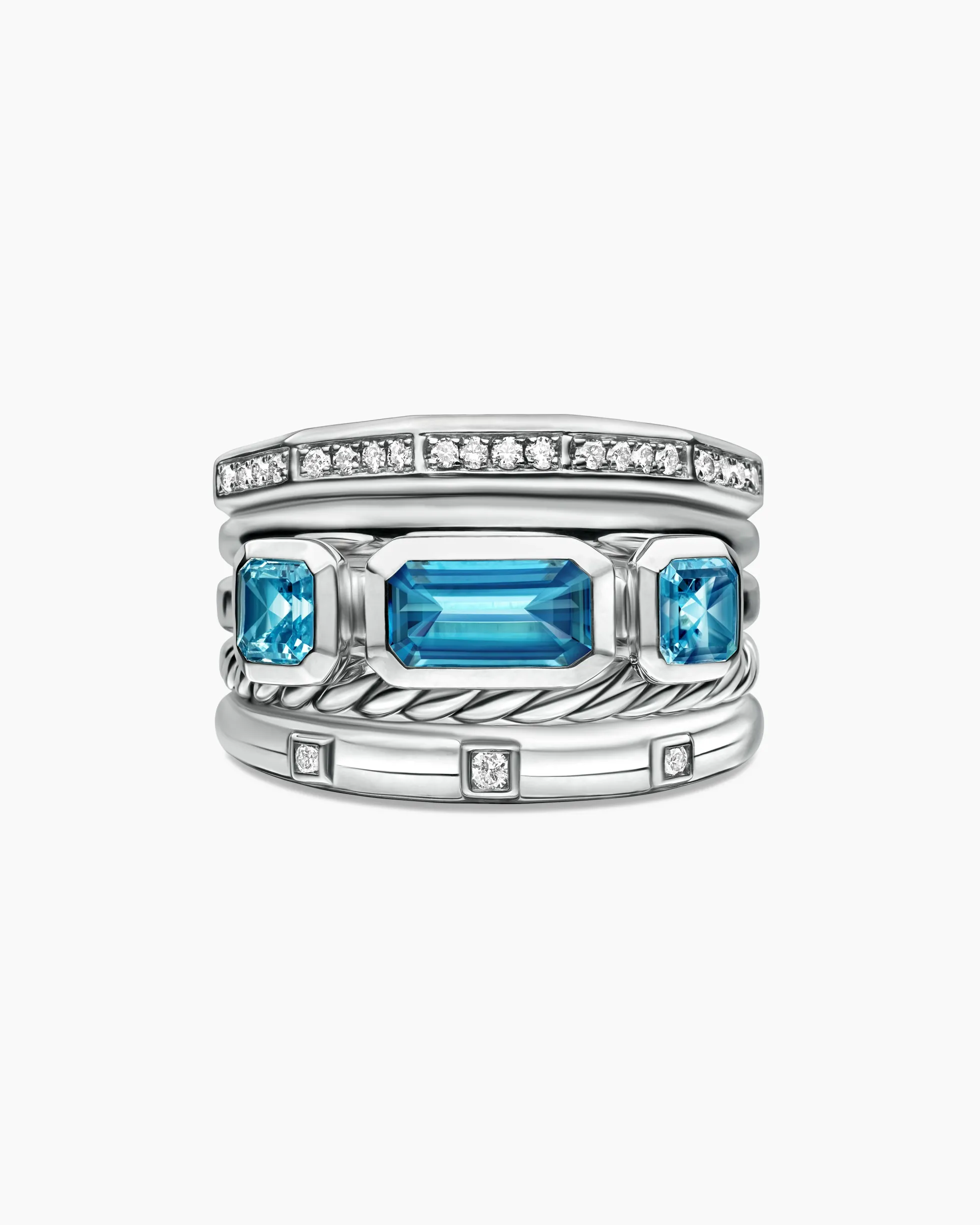 Stax Five Row Ring Sterling Silver with Hampton Blue Topaz and Diamonds, 15mm