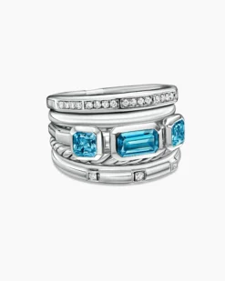 Stax Five Row Ring Sterling Silver with Hampton Blue Topaz and Diamonds, 15mm