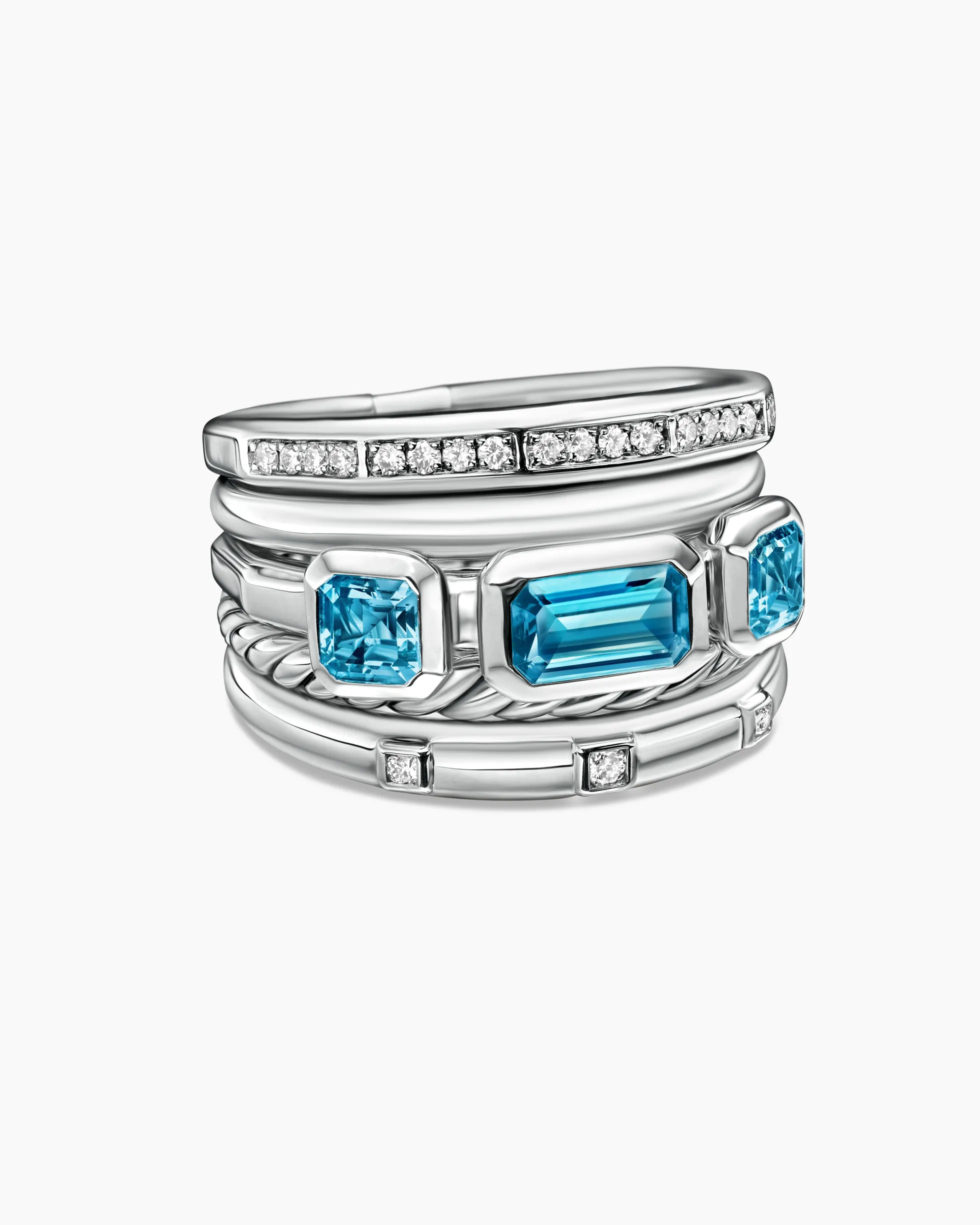 Stax Five Row Ring Sterling Silver with Hampton Blue Topaz and Diamonds, 15mm