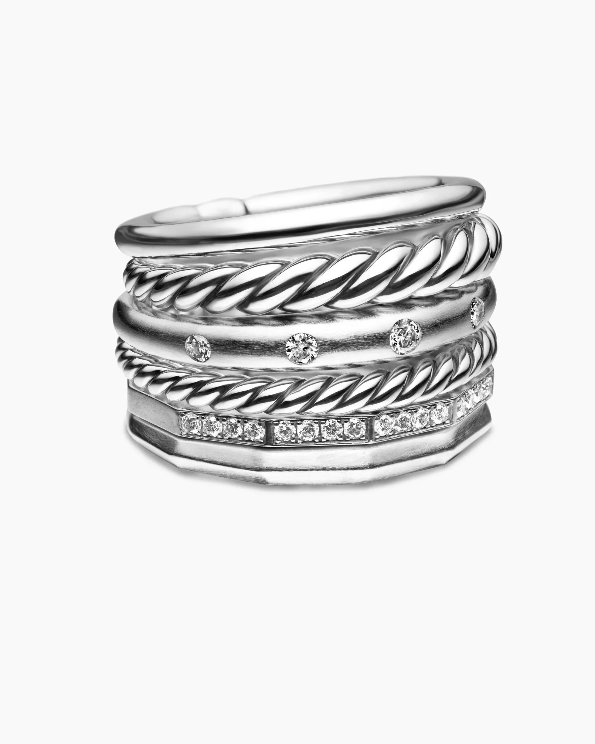 Stax Six Row Ring Sterling Silver with Diamonds, 16mm