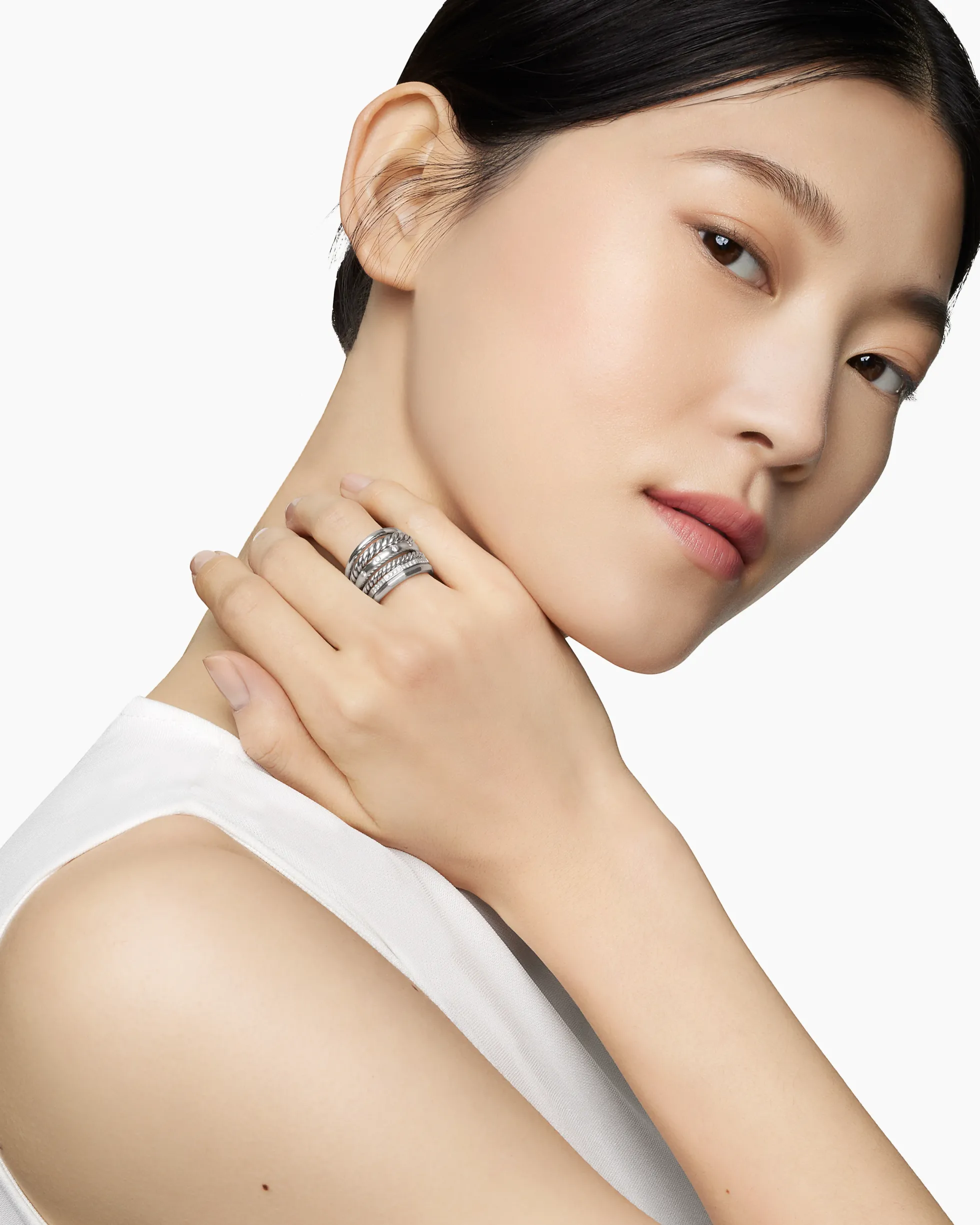 Stax Six Row Ring Sterling Silver with Diamonds, 16mm