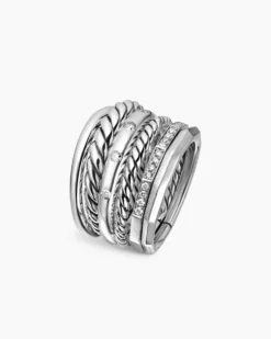 Stax Six Row Ring Sterling Silver with Diamonds, 16mm
