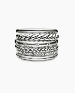 Stax Six Row Ring Sterling Silver with Diamonds, 16mm