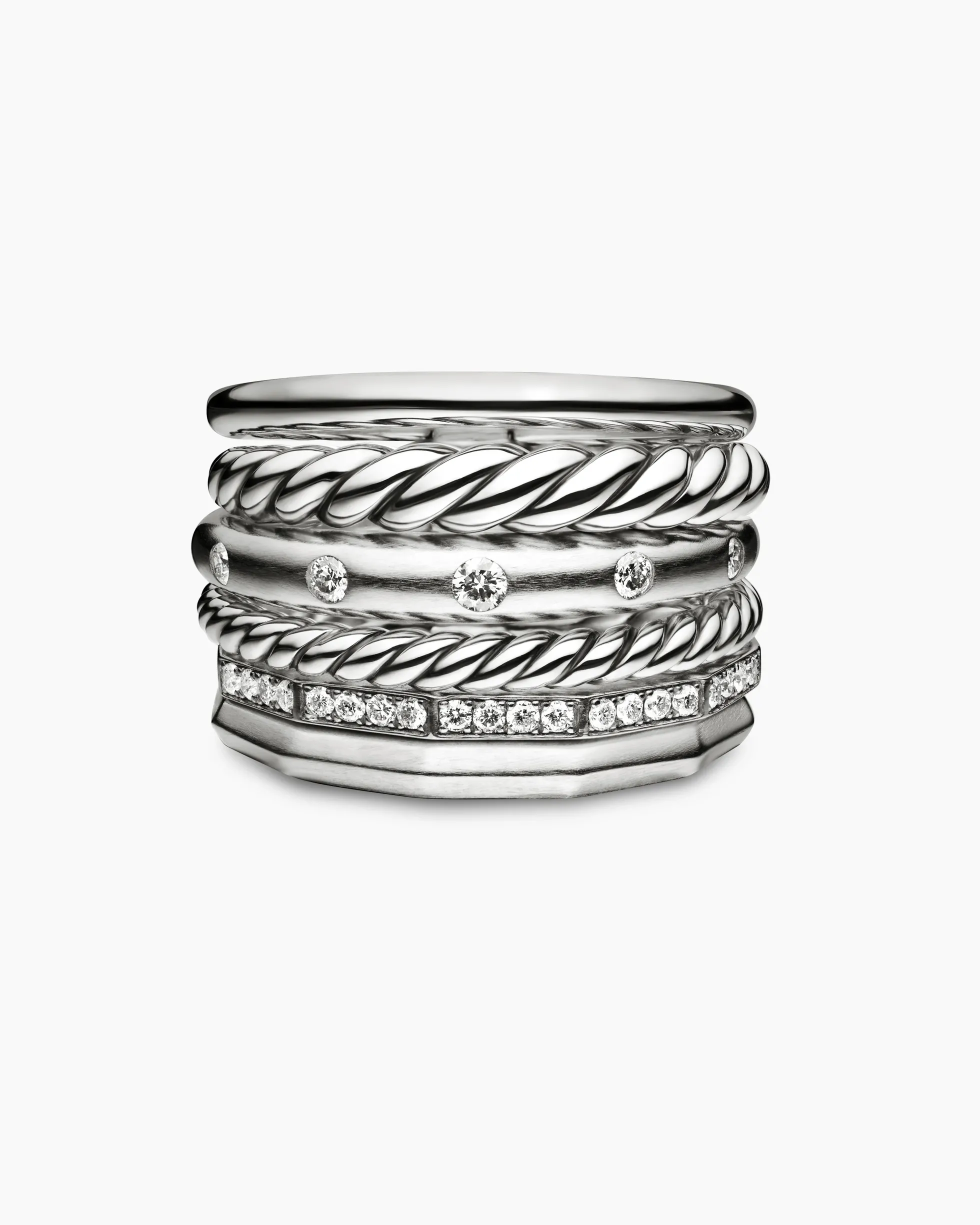Stax Six Row Ring Sterling Silver with Diamonds, 16mm