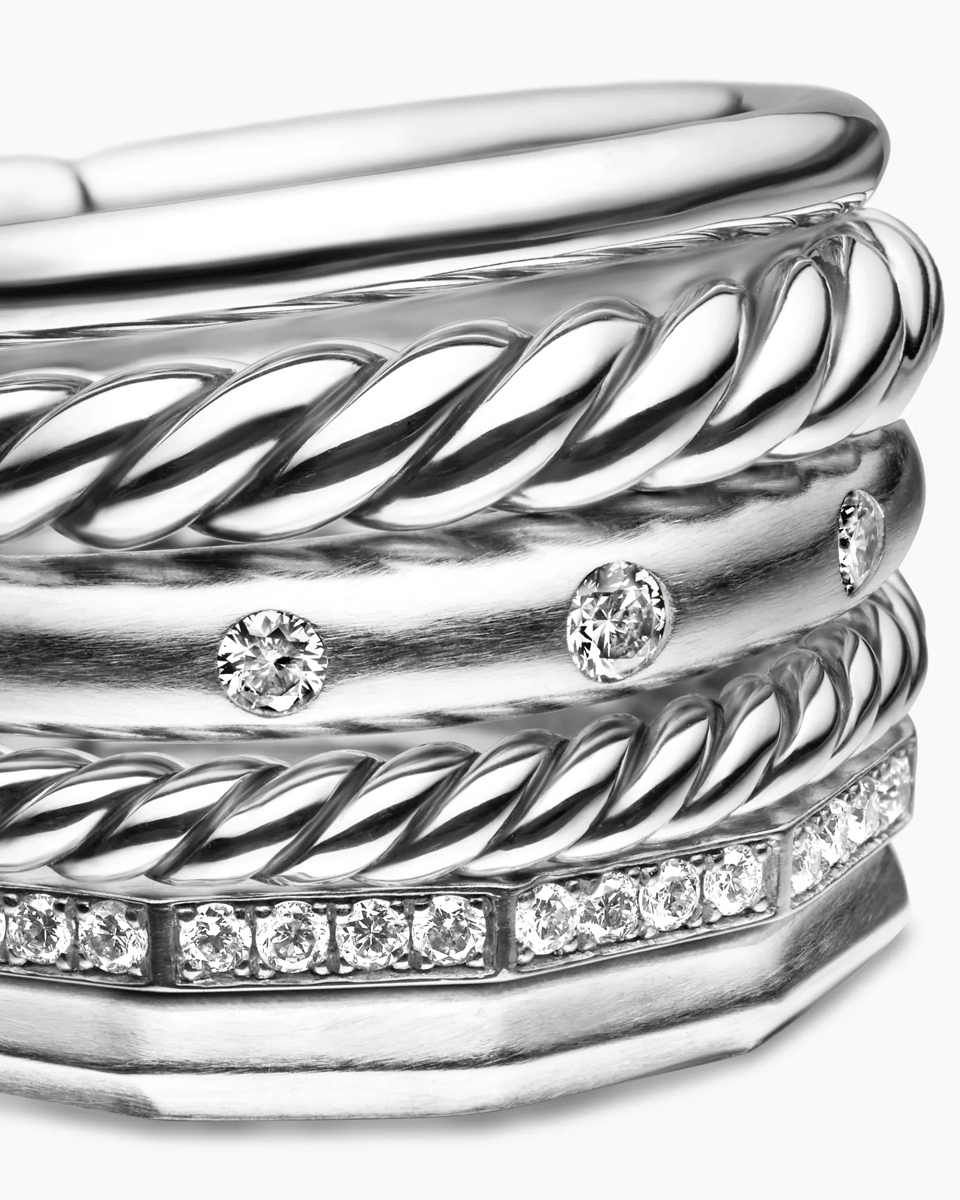 Stax Six Row Ring Sterling Silver with Diamonds, 16mm