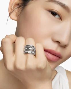 Stax Six Row Ring Sterling Silver with Diamonds, 16mm