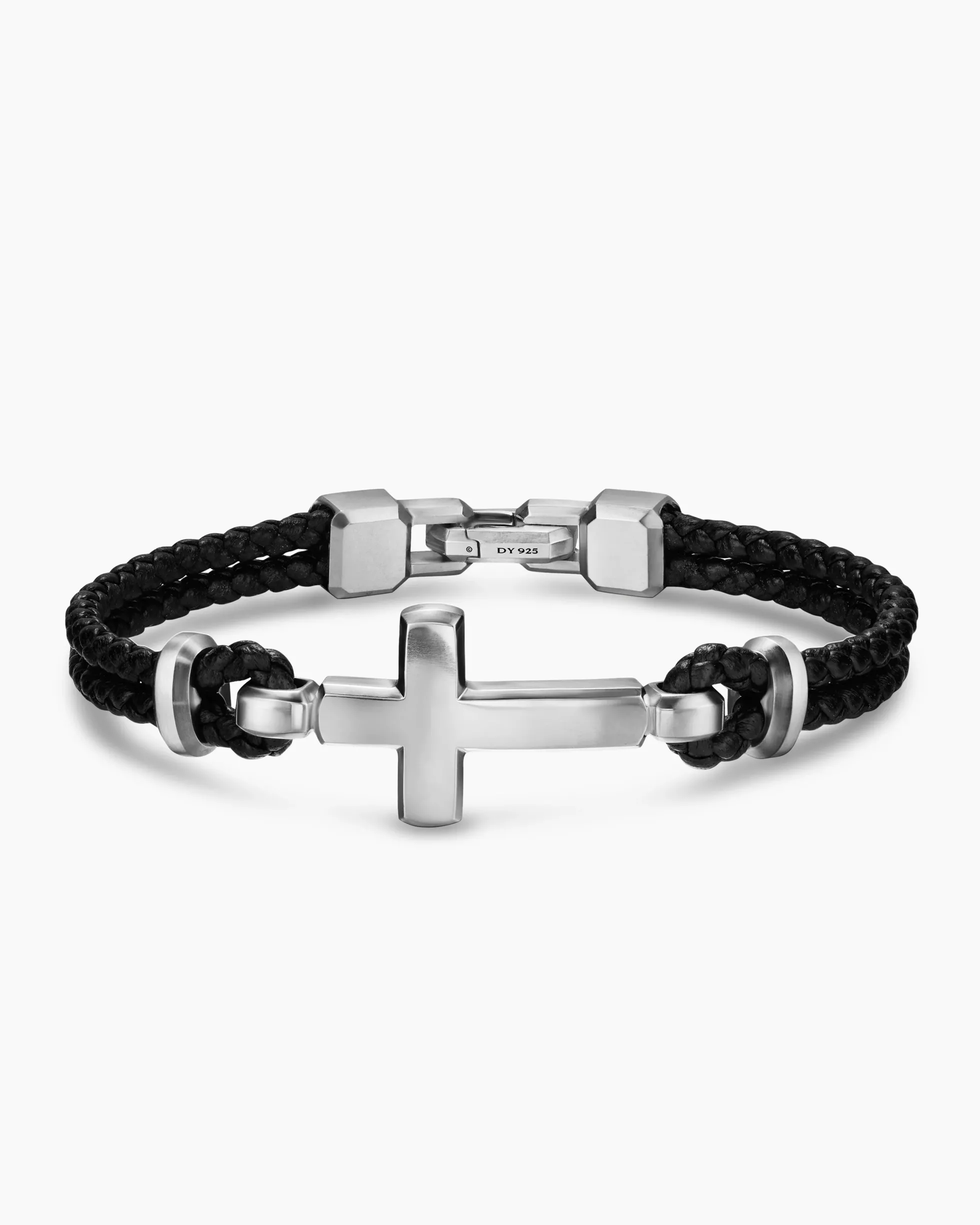 Streamline® Cross Station Bracelet Black Leather with Sterling Silver, 6mm
