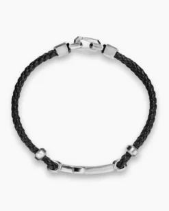 Streamline® Cross Station Bracelet Black Leather with Sterling Silver, 6mm