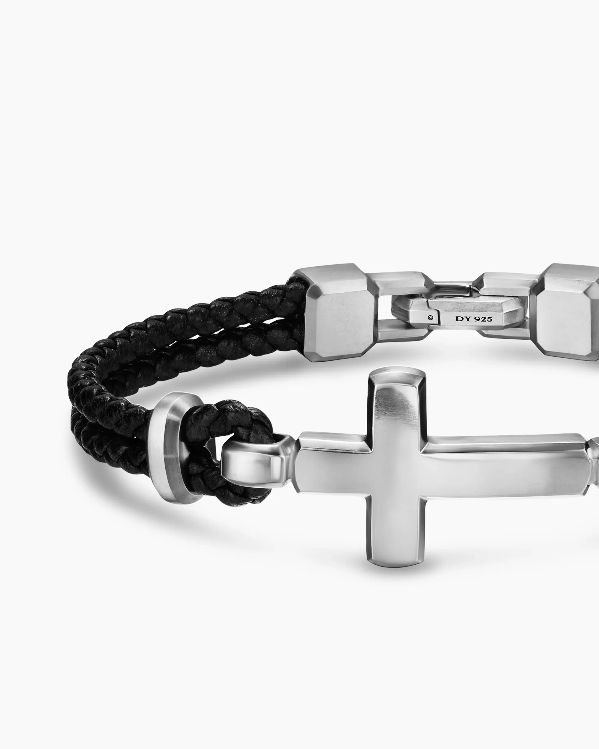 Streamline® Cross Station Bracelet Black Leather with Sterling Silver, 6mm