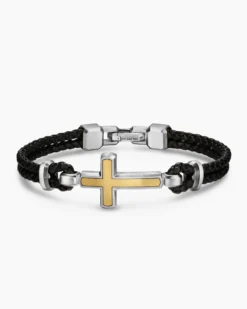 Streamline® Cross Station Bracelet Black Leather with Sterling Silver and 14K Yellow Gold, 6mm