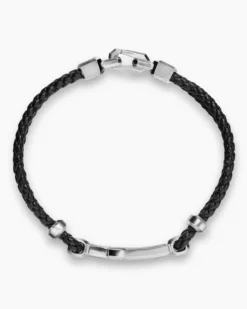 Streamline® Cross Station Bracelet Black Leather with Sterling Silver and 14K Yellow Gold, 6mm