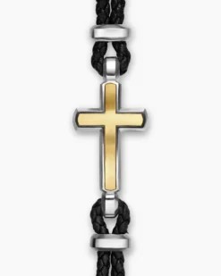 Streamline® Cross Station Bracelet Black Leather with Sterling Silver and 14K Yellow Gold, 6mm