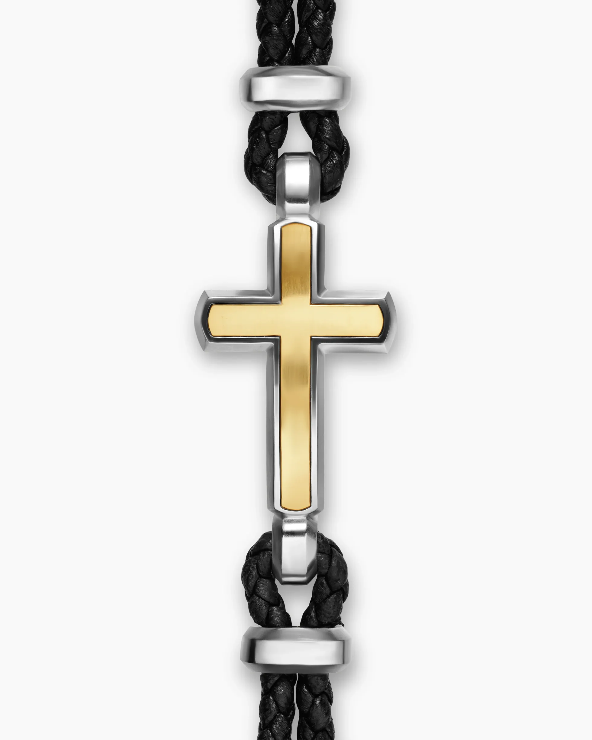 Streamline® Cross Station Bracelet Black Leather with Sterling Silver and 14K Yellow Gold, 6mm