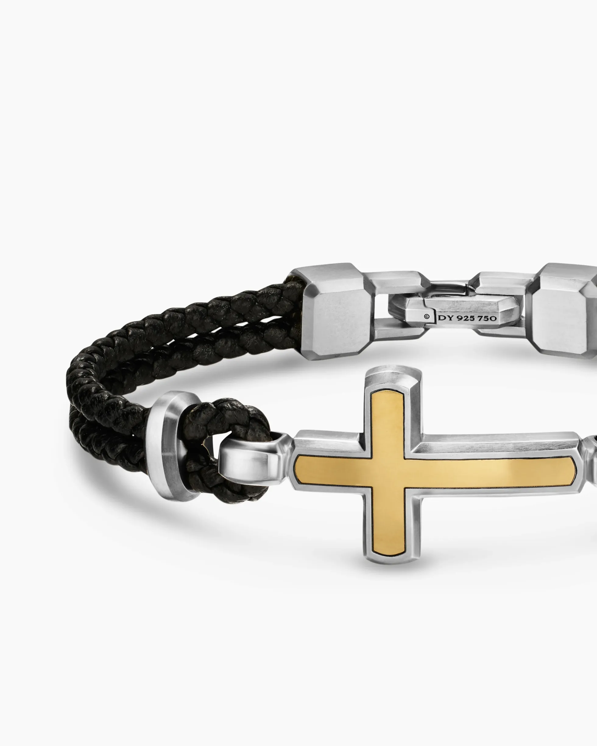 Streamline® Cross Station Bracelet Black Leather with Sterling Silver and 14K Yellow Gold, 6mm