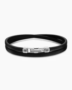 Streamline® Double Wrap Bracelet Black Leather with Sterling Silver, 5.2mm
