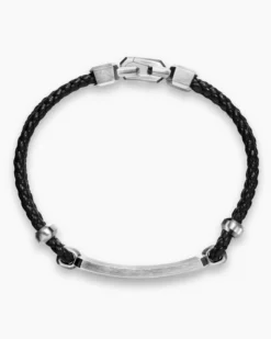 Streamline® ID Bar Bracelet Black Leather with Sterling Silver, 6mm