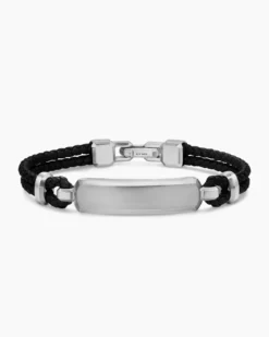 Streamline® ID Bar Bracelet Black Leather with Sterling Silver, 6mm