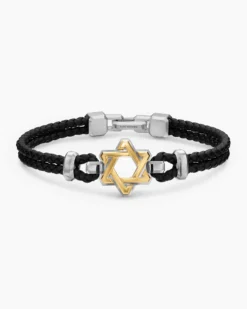 Streamline® Star of David Bracelet Black Leather with Sterling Silver and 14K Yellow Gold, 6mm
