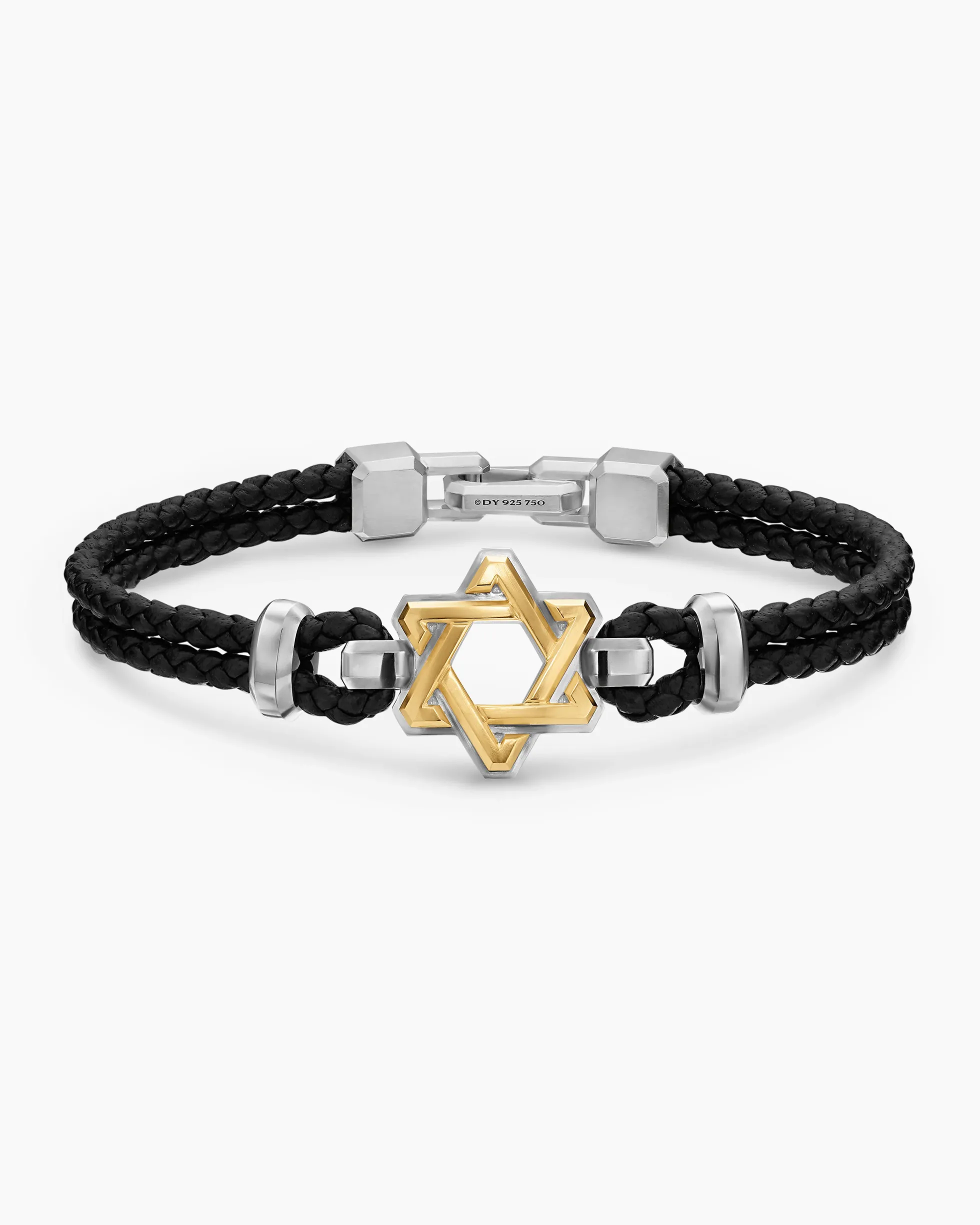 Streamline® Star of David Bracelet Black Leather with Sterling Silver and 14K Yellow Gold, 6mm