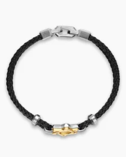 Streamline® Star of David Bracelet Black Leather with Sterling Silver and 14K Yellow Gold, 6mm