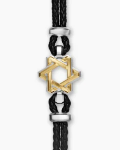 Streamline® Star of David Bracelet Black Leather with Sterling Silver and 14K Yellow Gold, 6mm