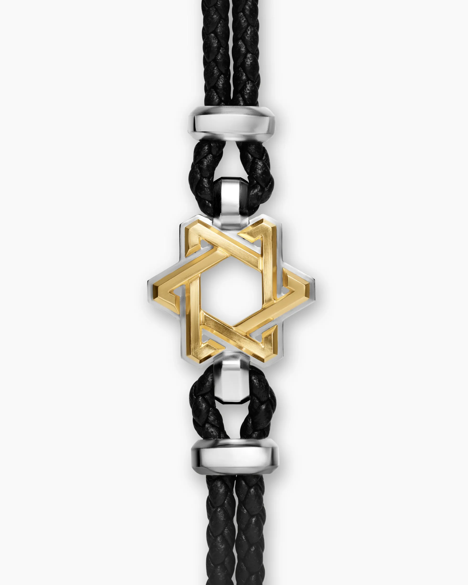 Streamline® Star of David Bracelet Black Leather with Sterling Silver and 14K Yellow Gold, 6mm