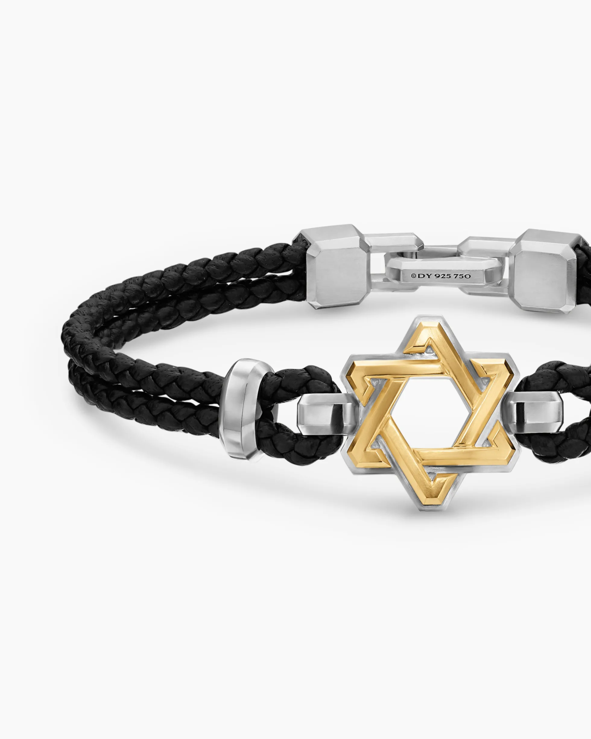 Streamline® Star of David Bracelet Black Leather with Sterling Silver and 14K Yellow Gold, 6mm
